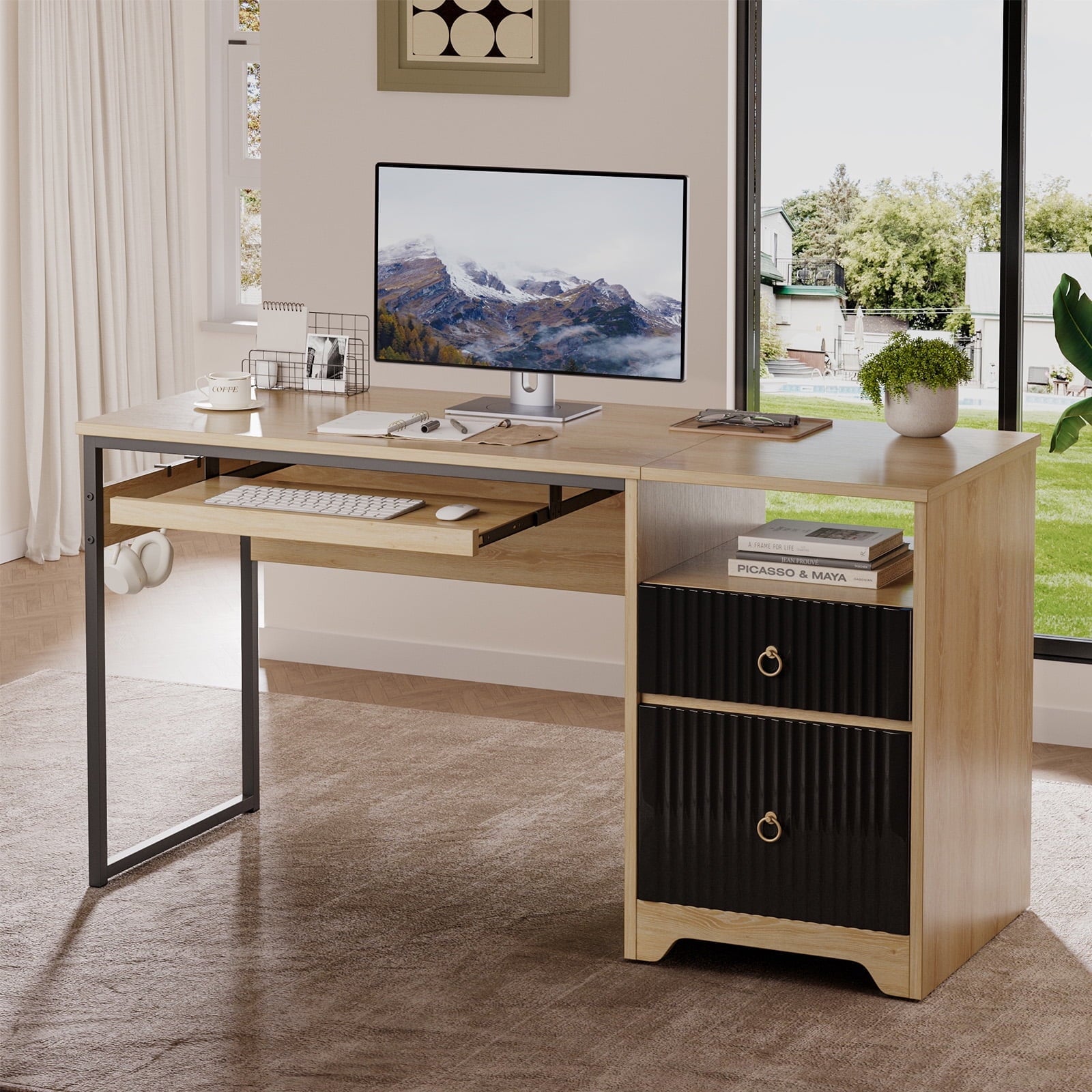 Bestier 55 Inch Office Desk with Drawers, Keyboard Tray, 2 Hooks, Modern Fluted Computer Desk for Home, Grey