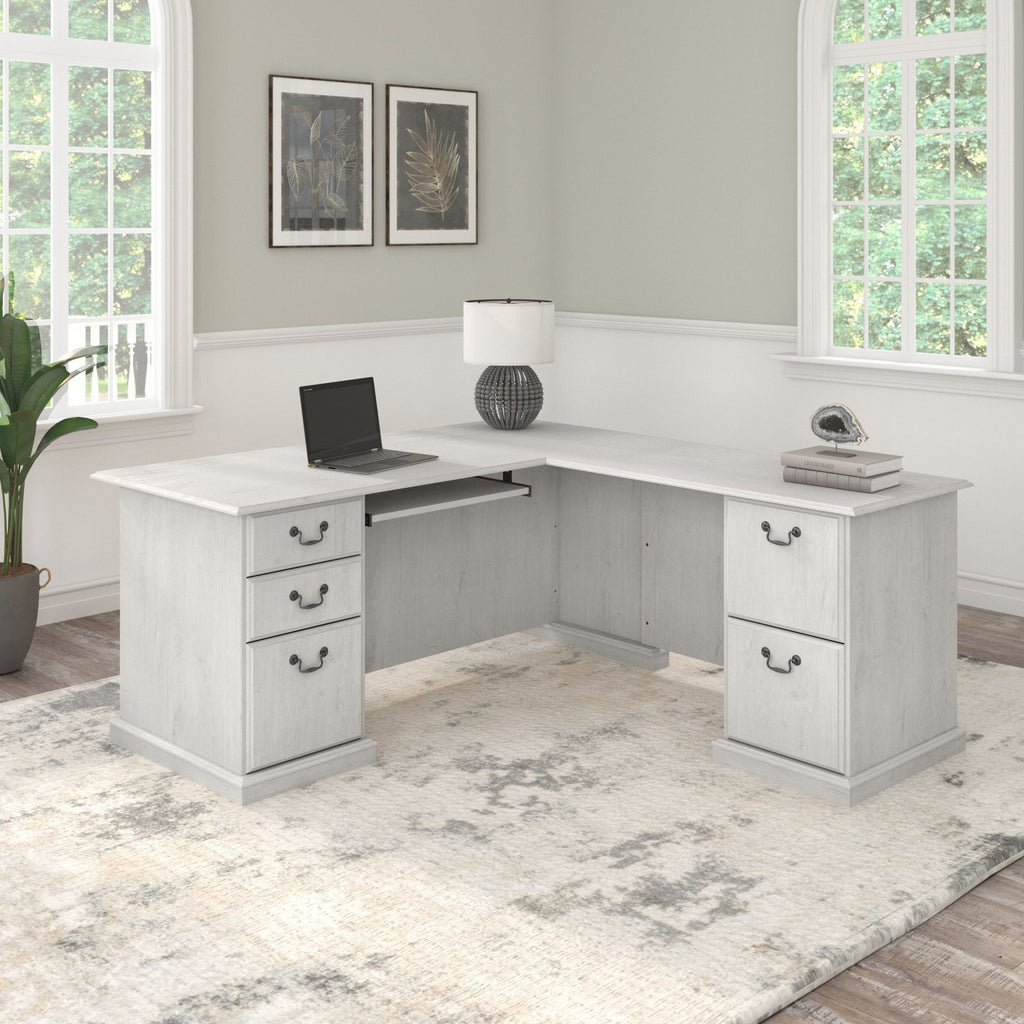 Bush Furniture Saratoga L Shaped Computer Desk with Drawers in Linen White Oak