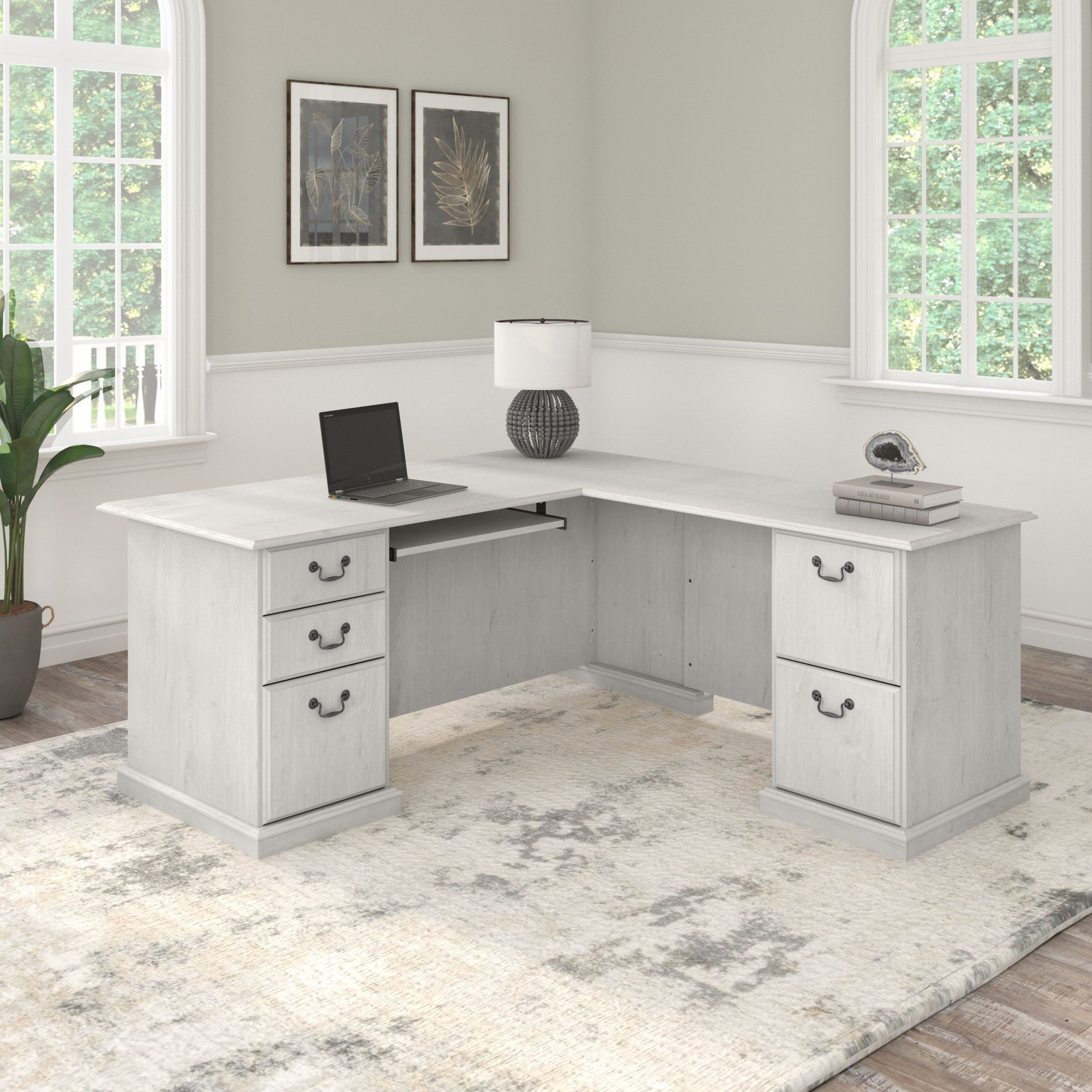 Bush Furniture Saratoga L Shaped Computer Desk with Drawers in Linen White Oak
