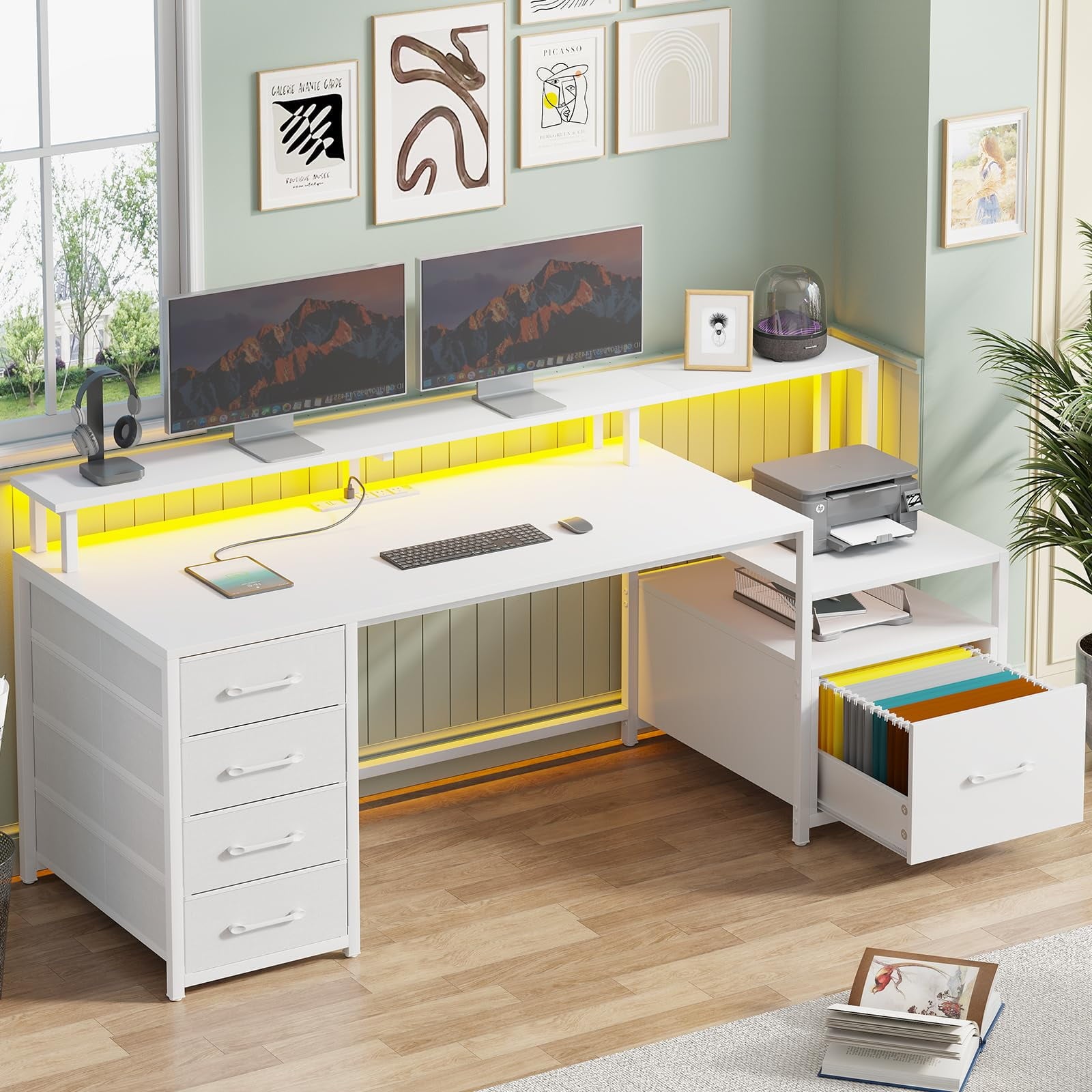 Computer Desk with 5 Drawer and LED Lights, Home Office Desk with Power Outlet, Grey