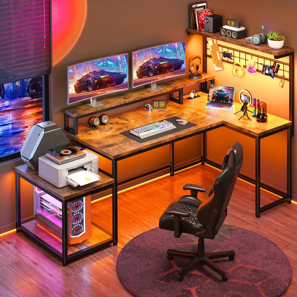 Enhomee L Shaped Computer Desk Reversible Corner Desk with Power Outlet Computer Desk with Led Lights and Storage Shelves, Rustic Brown
