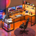 Enhomee L Shaped Computer Desk Reversible Corner Desk with Power Outlet Computer Desk with Led Lights and Storage Shelves, Rustic Brown