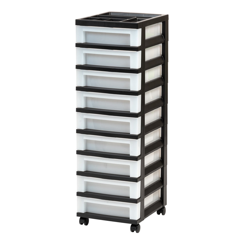 IRIS 9-Drawer Narrow Plastic Storage Drawer Cart with Organizer Top, White