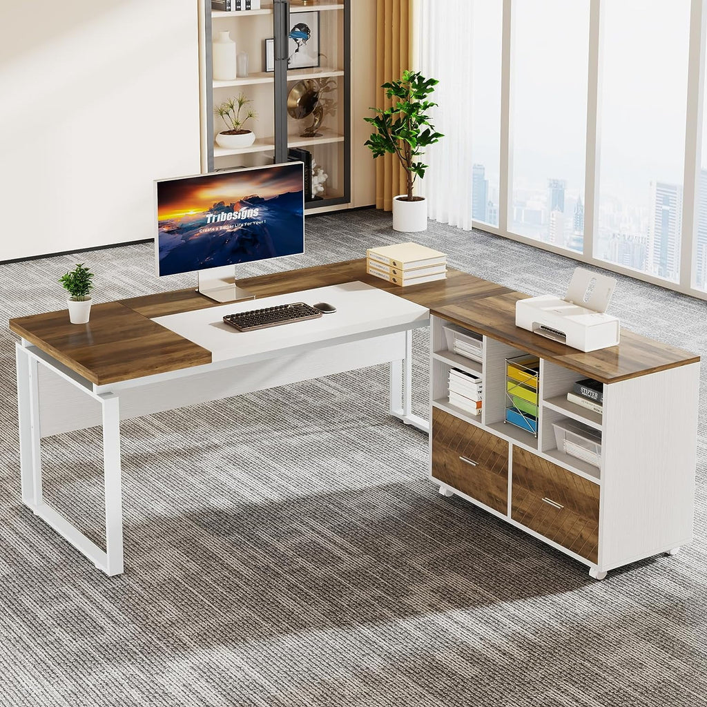 L-Shaped Executive Desk with Reversible File Cabinet, 3" Office Desk with Storage Drawers, ak Karo & White