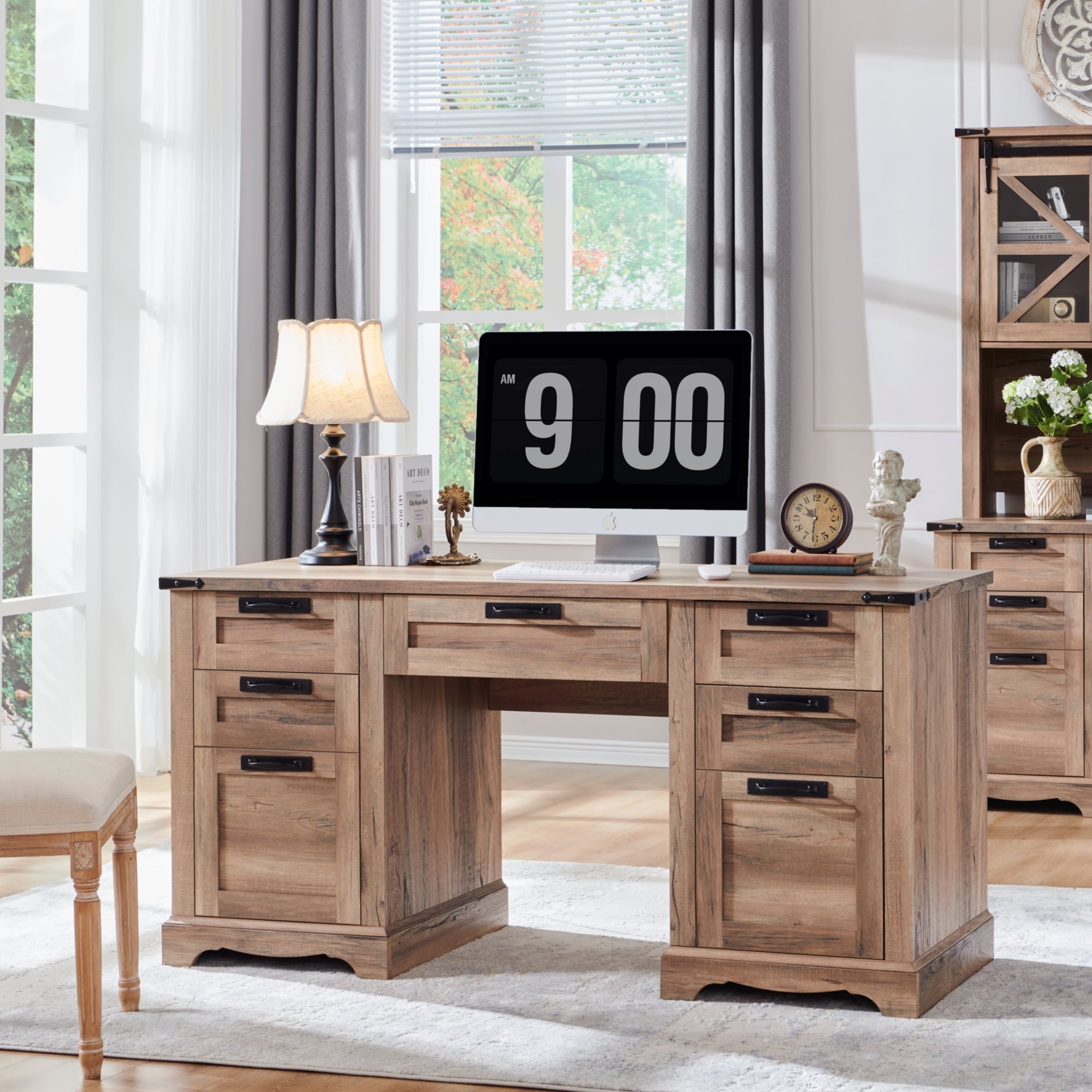 OKD Farmhouse Executive Desk, Rustic Office Desk with Charging Station and Keyboard Tray,Home Workstations with File Drawer, Storage Cabinet,Wood Computer Writing Desk, Antique White