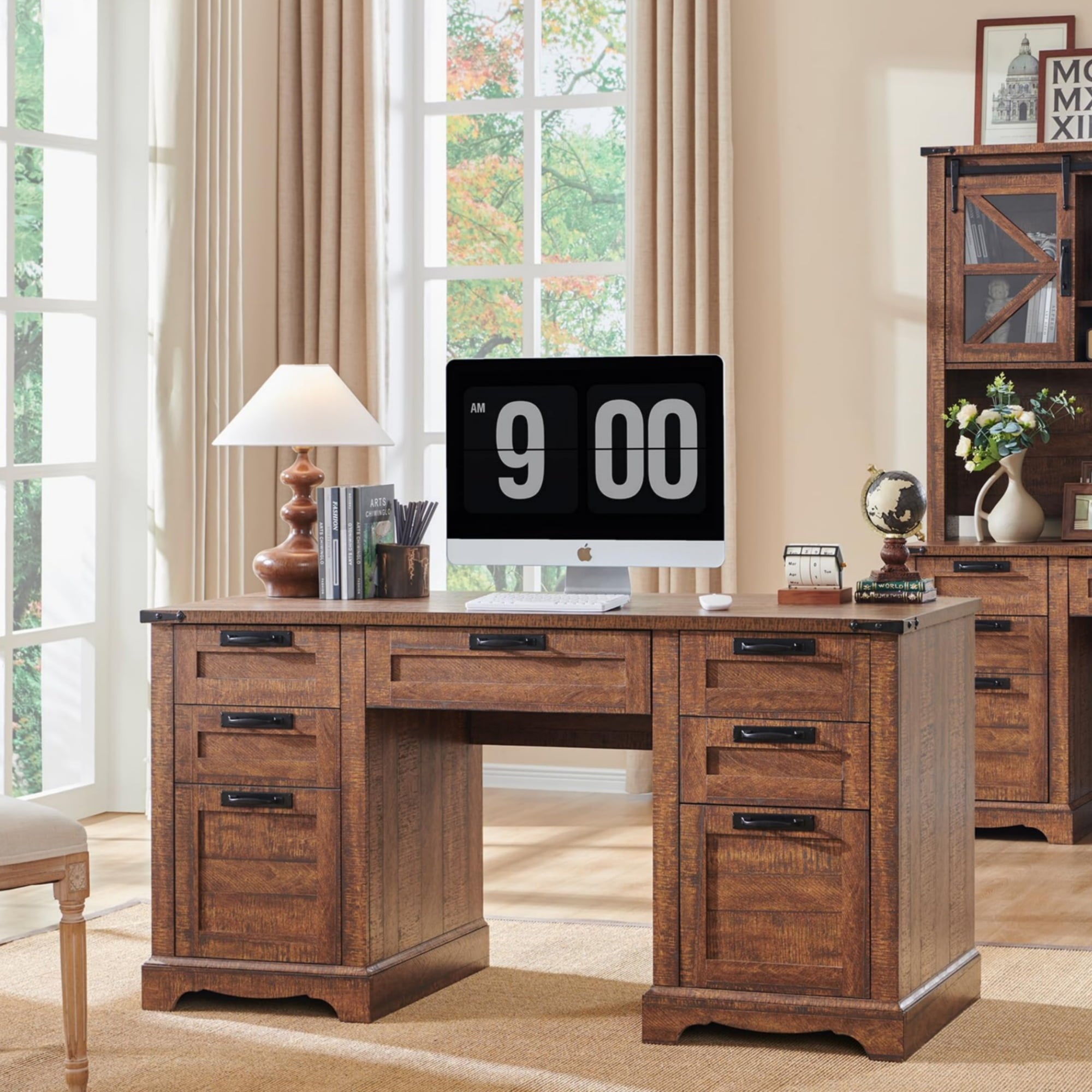 OKD Farmhouse Executive Desk, Rustic Office Desk with Charging Station and Keyboard Tray,Home Workstations with File Drawer, Storage Cabinet,Wood Computer Writing Desk, Antique White