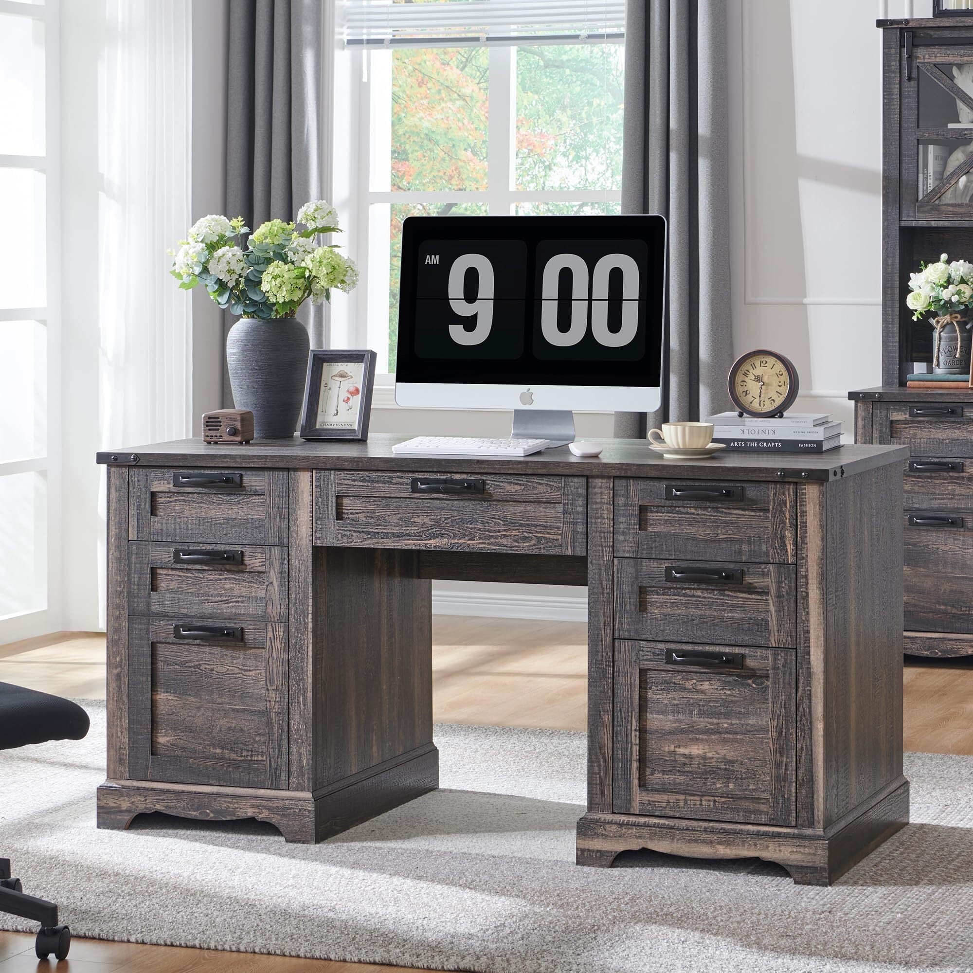 OKD Farmhouse Executive Desk, Rustic Office Desk with Charging Station and Keyboard Tray,Home Workstations with File Drawer, Storage Cabinet,Wood Computer Writing Desk, Antique White