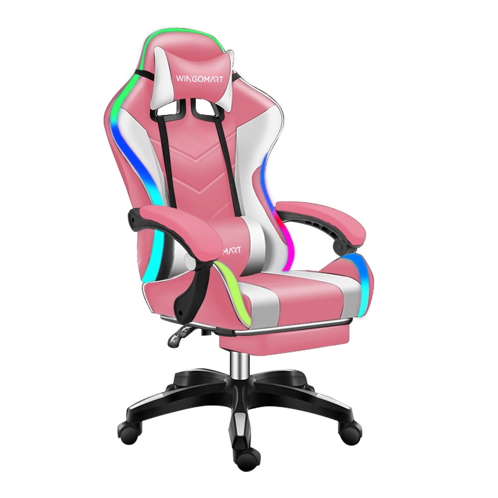 WINGOMART Ergonomic Gaming Chair with Footrest, High Back Faux Leather Gaming Chair With RGB led light and Adjustable Armrest Height Adjustable Swivel