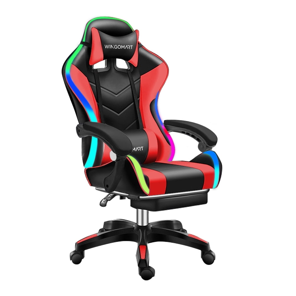 WINGOMART Ergonomic Gaming Chair with Footrest, High Back Faux Leather Gaming Chair With RGB led light and Adjustable Armrest Height Adjustable Swivel