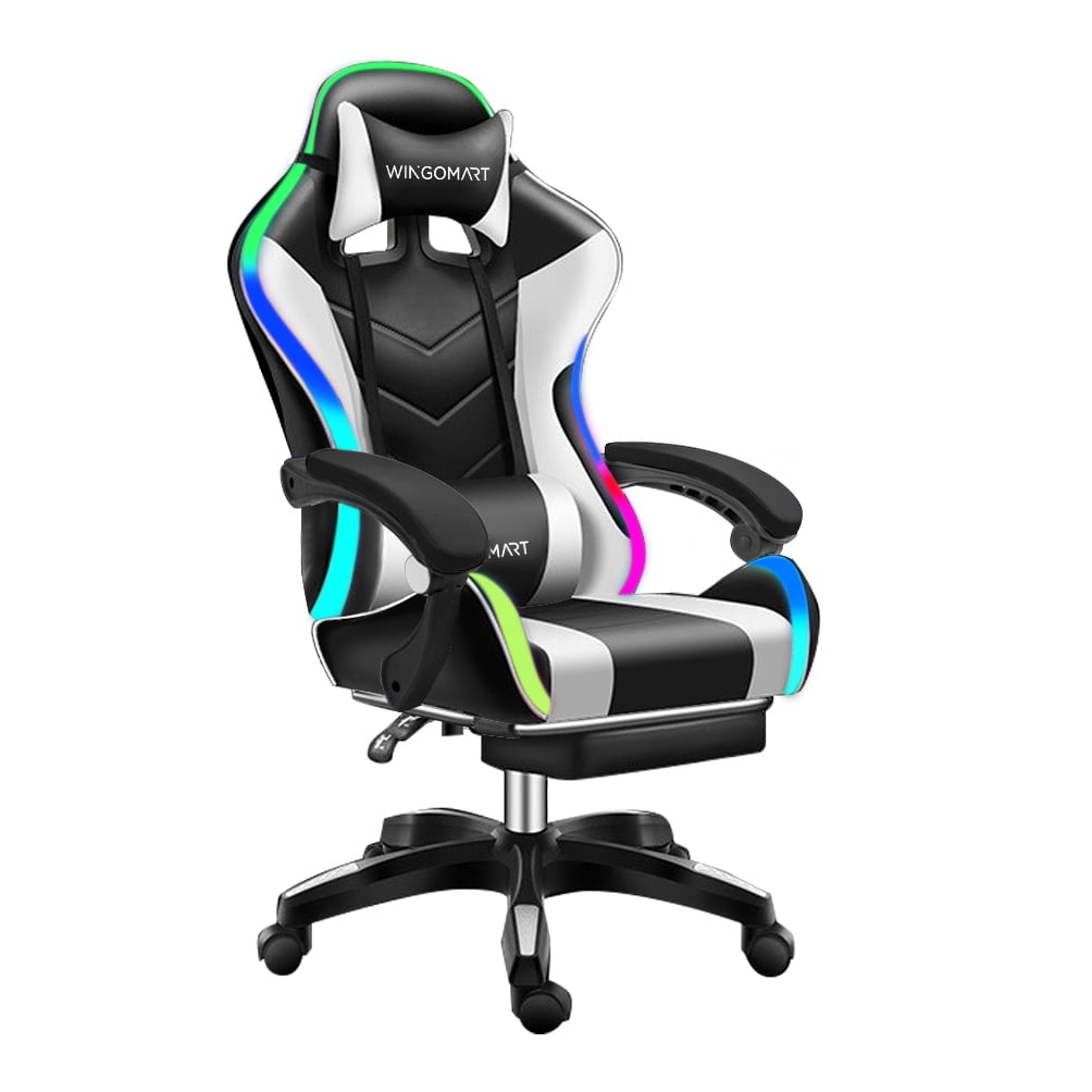 WINGOMART Ergonomic Gaming Chair with Footrest, High Back Faux Leather Gaming Chair With RGB led light and Adjustable Armrest Height Adjustable Swivel
