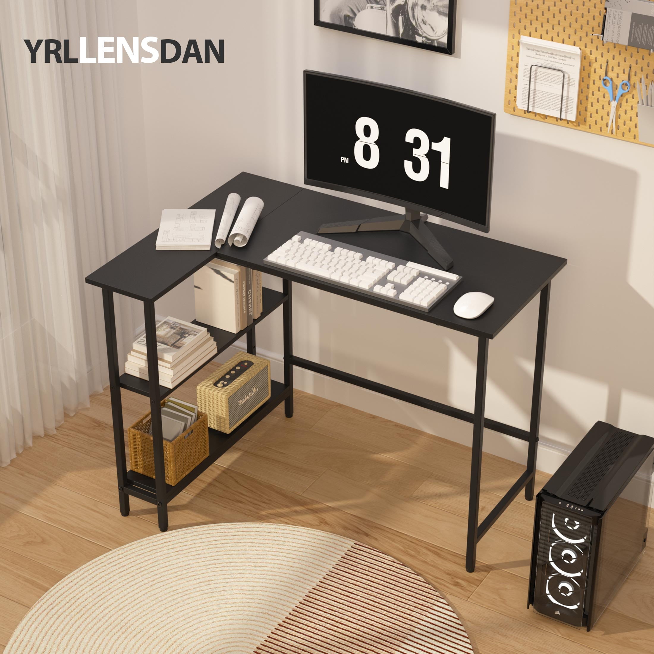 YRLLENSDAN L Shaped Computer Gaming Desk with Shelves Storage, Corner Computer Desk Table for Small Spaces Bedroom, PC Work Table Desk for Home Office, Black 39 Inch