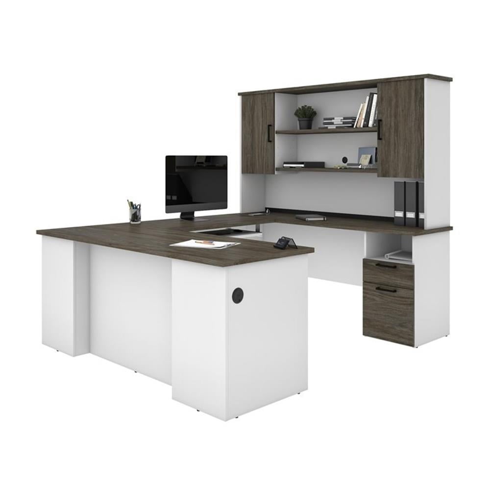 Atlin Designs Transitional Wood U Shaped Computer Desk with Hutch in Gray/White