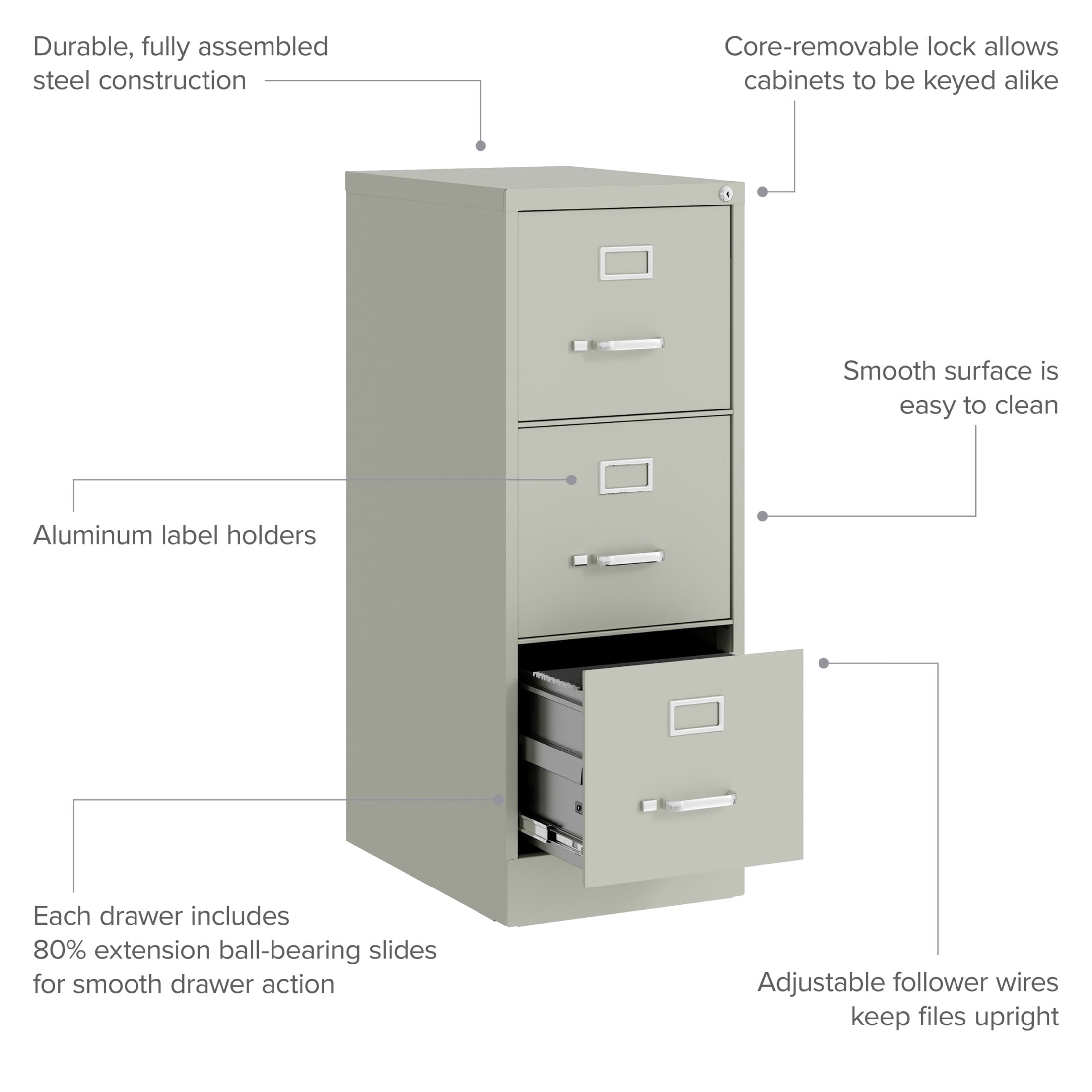 Hirsh 22" Deep 3 Drawer Letter Width Vertical File Cabinet, Commercial Grade, Gray