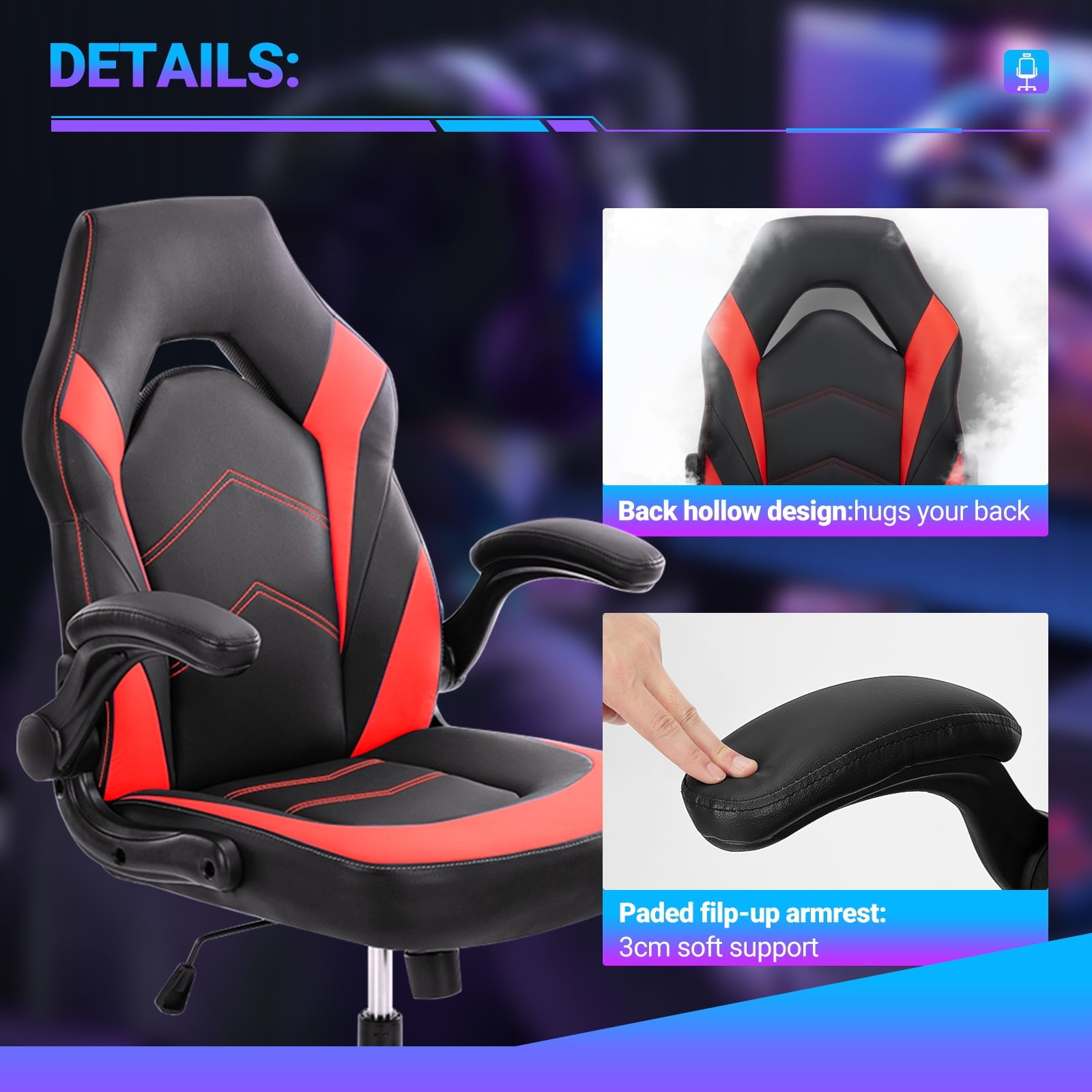 edx Gaming Chair, Computer Chair Ergonomic Office Chair PU Leather Desk Chair Executive Adjustable Swivel Task Chair with Flip-up Armrest