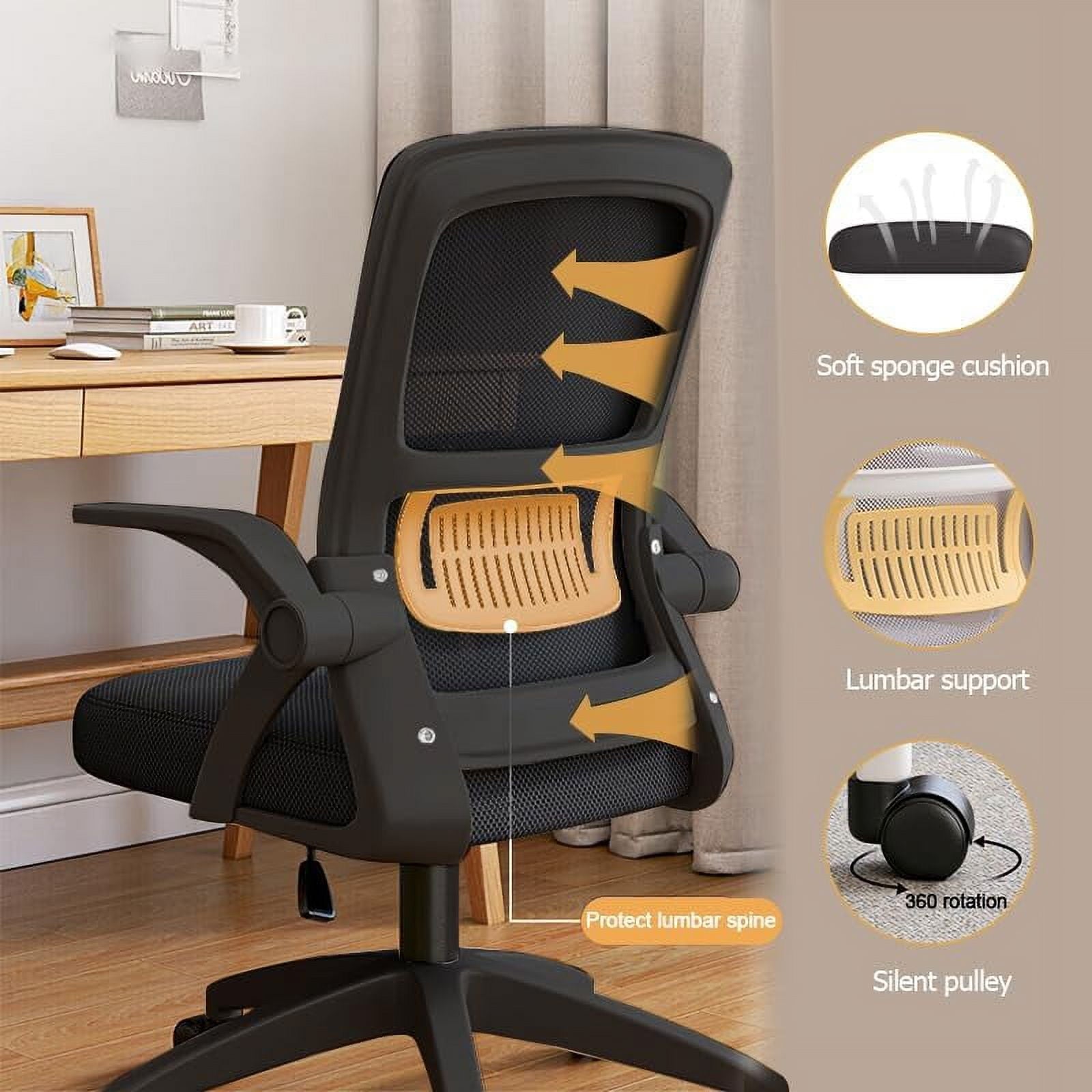 WXJHL Home Office Chair Ergonomic Desk Chair Breathable Mesh Chair High Back Desk Chair with Adjustable Height,Swivel Chair with Flip-Up Arms and Lumbar Support（Black）