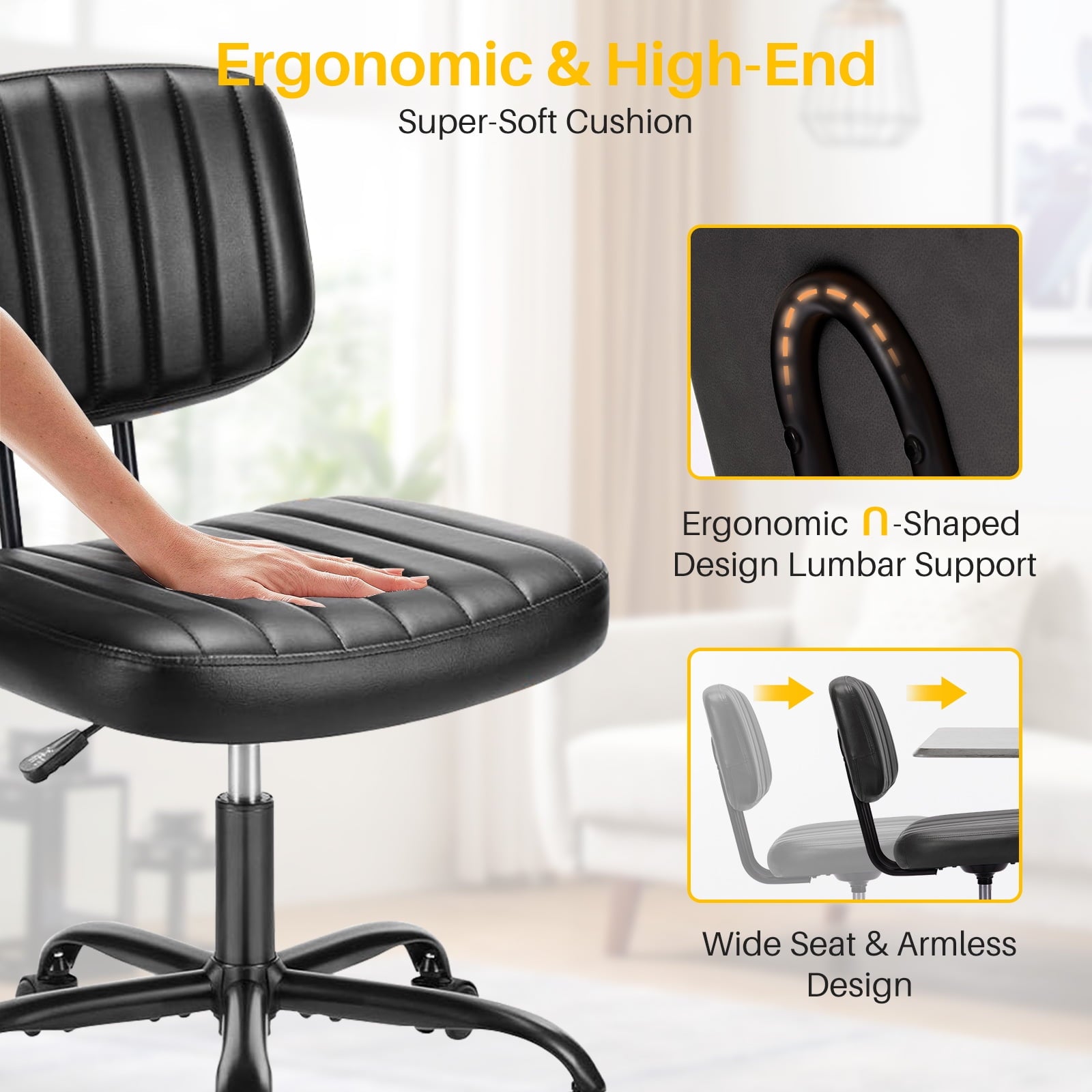 Cute Task Chair, Adjustable Armless Activity Chair with Wheels, Comfy Low Back Swivel Desk Chair, Black