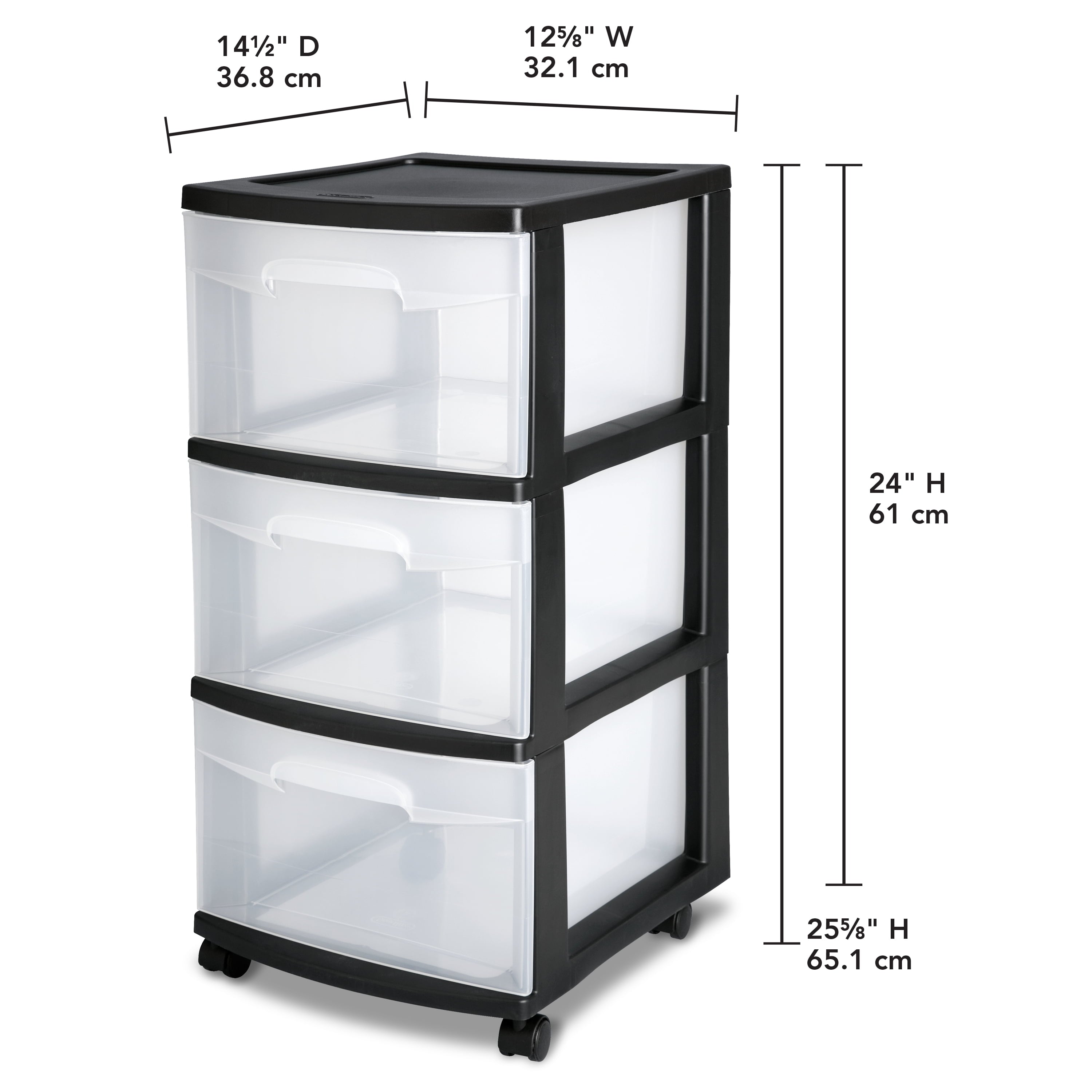 Sterilite 3 Drawer Cart, Clear Plastic Storage Drawers, Wheels Included, Black
