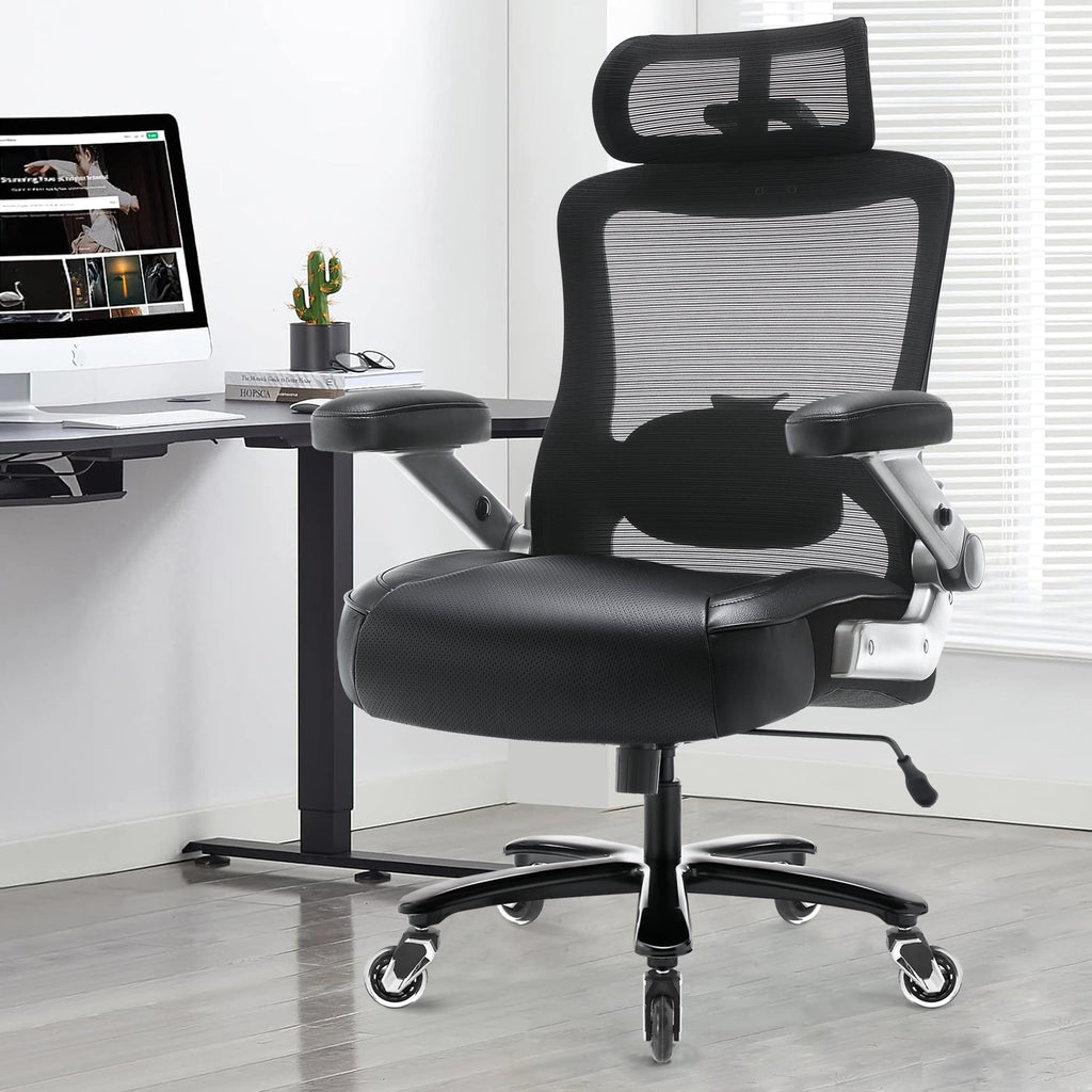 Big and Tall Office Chair 500 lbs, Ergonomic Desk Chair with 3D Flip up Arms, High Back Mesh Executive Computer Chair, Adjustable Headrest Lumbar Support, Black