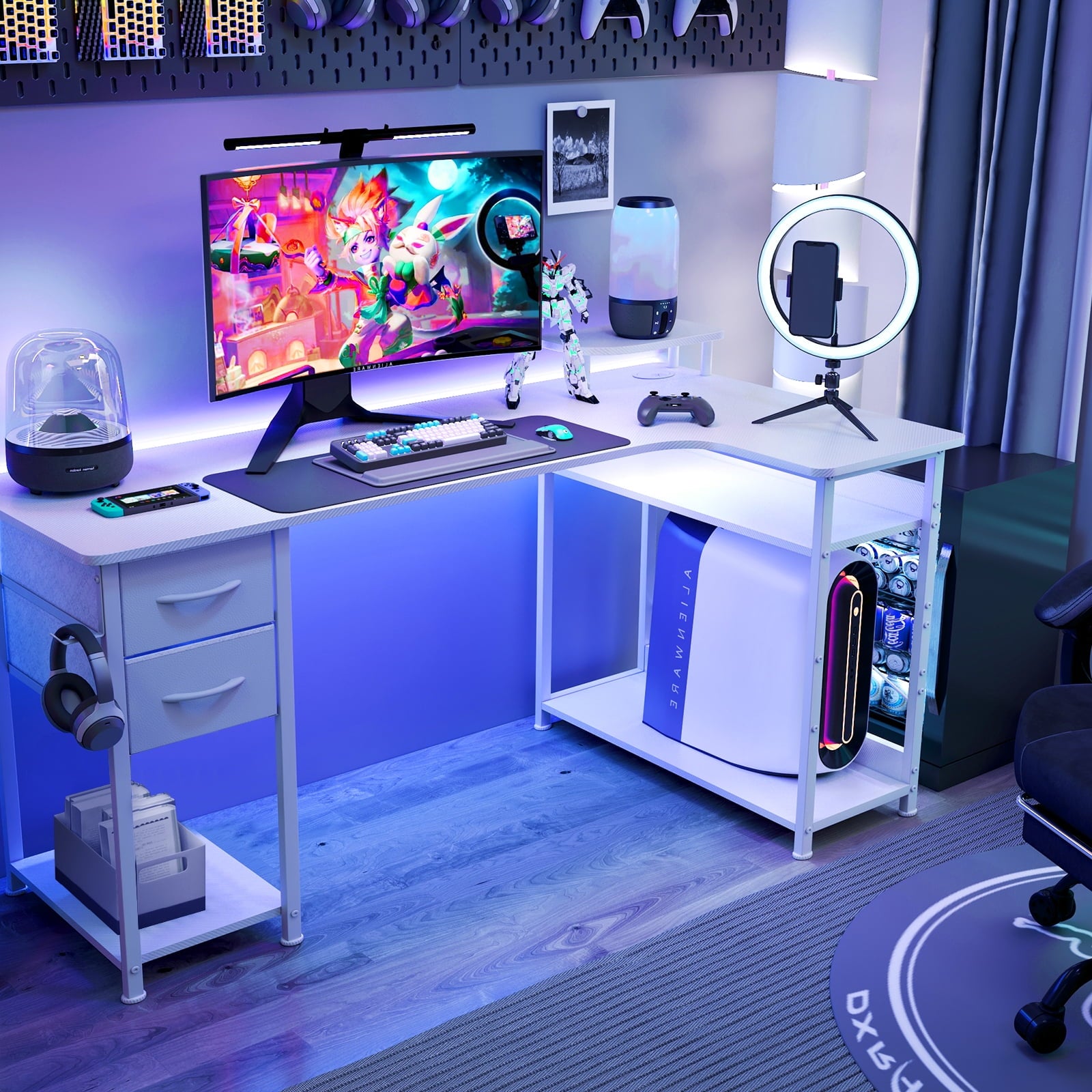 GTRACING Gaming Desk with Drawers, Carbon Fiber Style L Shaped Computer Desk Compatible with Monitor Arm Corner Desk Gaming Table for Home Office Desks, Easy to Assemble Adjustable Shelf Height