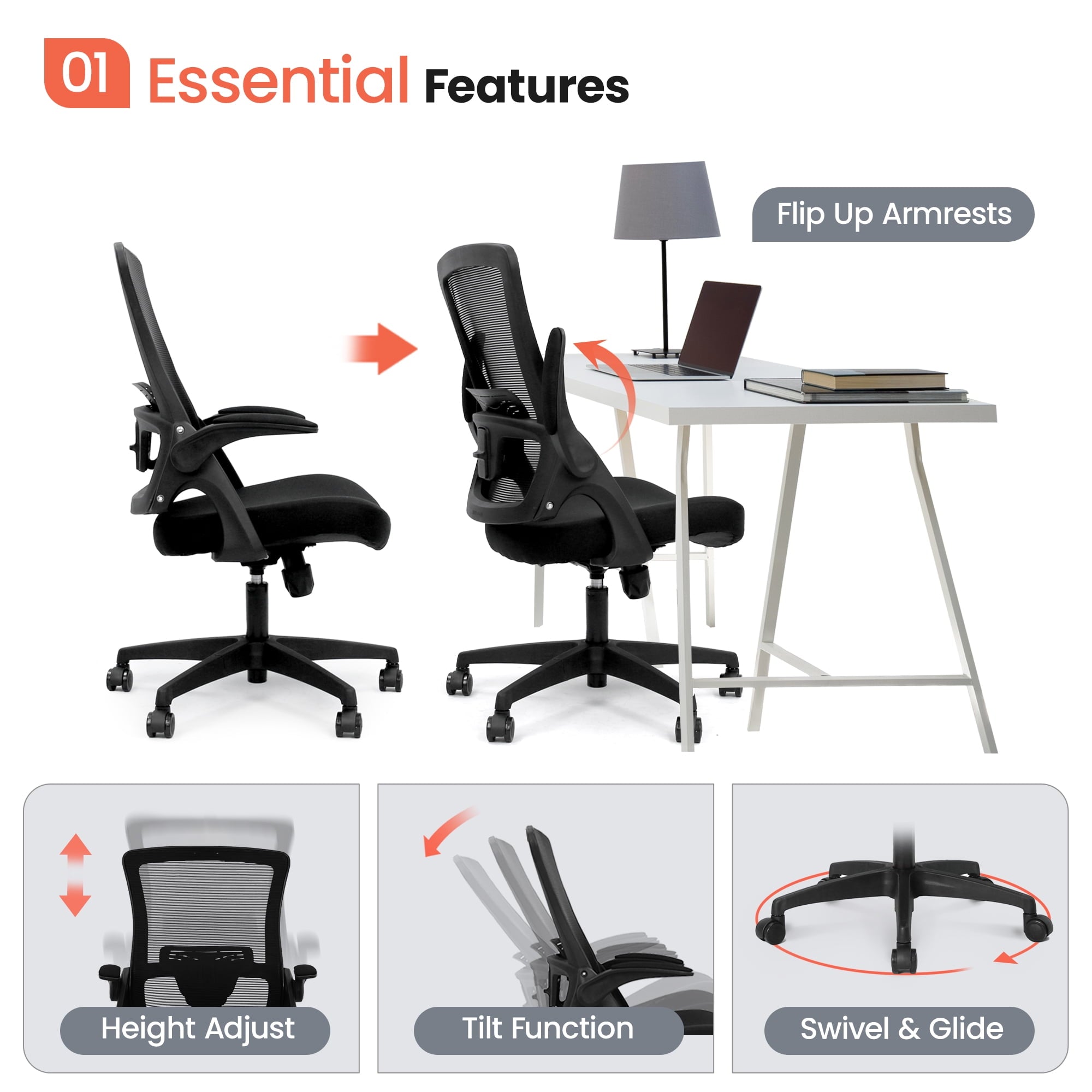 NEO CHAIR Ergonomic Office Chair, Adjustable High Back Mesh Desk Chair with Flip-up Arms, Black
