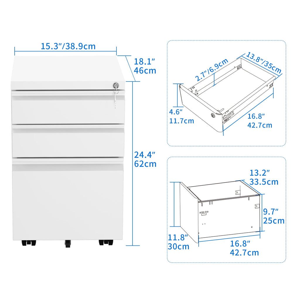 3-Drawer Lockable Steel Filing Cabinet with Keys - Includes Stationery Box, Horizontal Hanging Rod & Mobile Casters, White