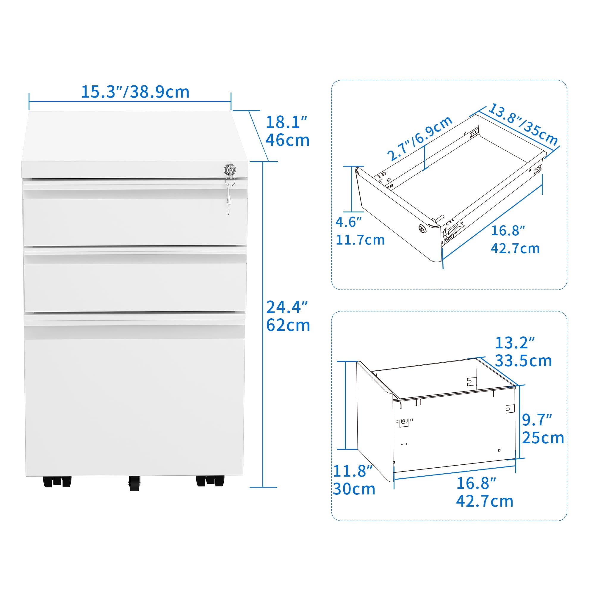 3-Drawer Lockable Steel Filing Cabinet with Keys - Includes Stationery Box, Horizontal Hanging Rod & Mobile Casters, White
