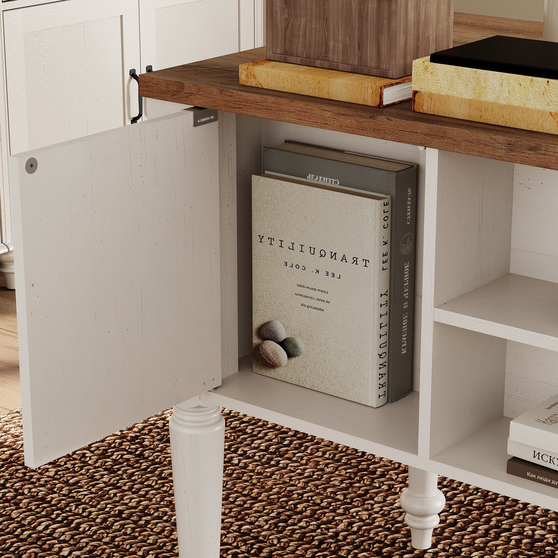 Farmhouse Executive Desk with 5 Drawers, Home Office Desk with Charging Station, Wooden Computer Desk with File Cabinet Storage, Door, Open Shelf for Work and Study, White, 56 inch