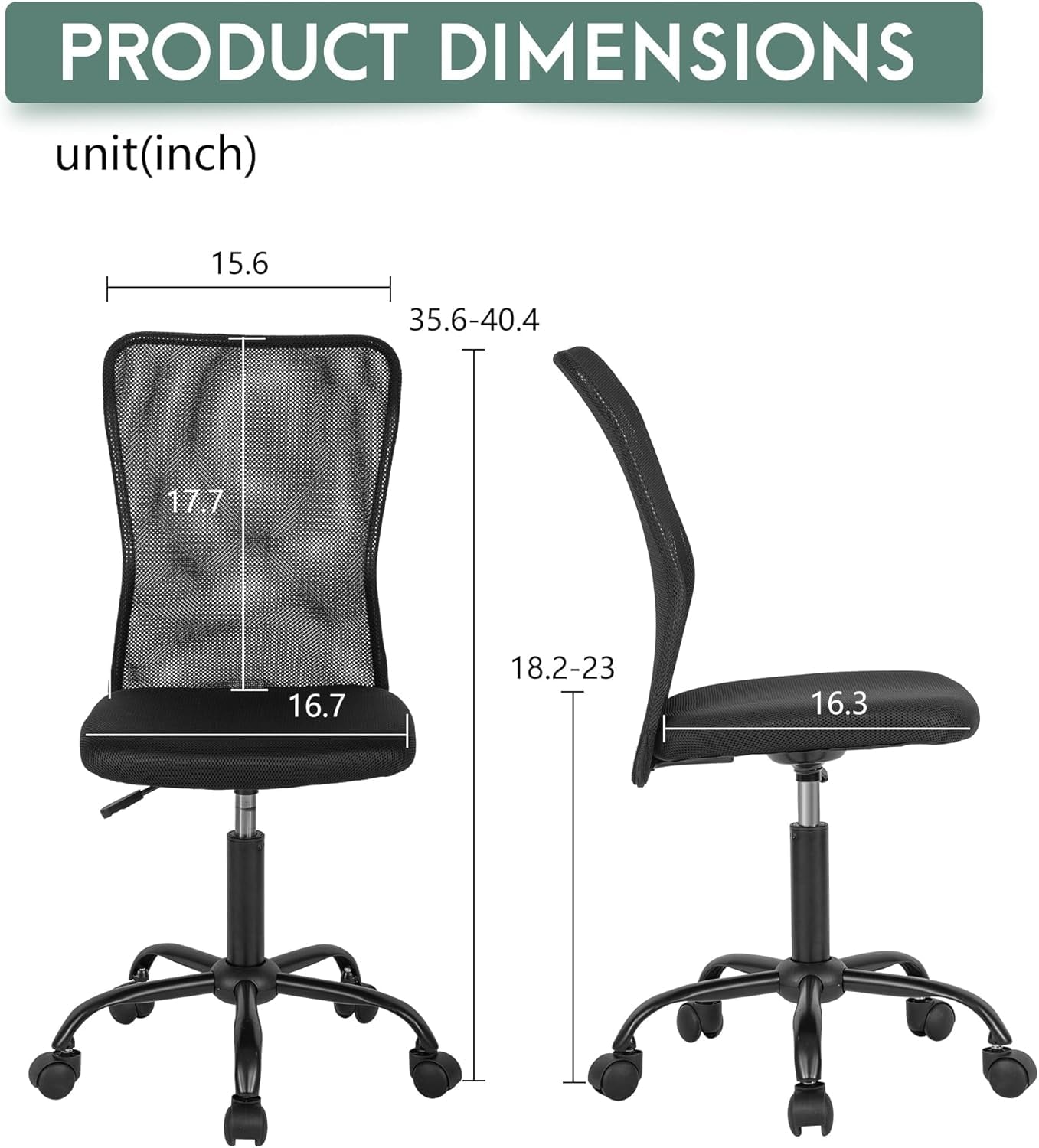 Small Chair Home Desk Chair Mesh Back Vanity Chair Ergonomic Computer Chair Height Adjustable Office Chair Swivel Task Chair No Armrest Chair Student Desk Chair for Teen, Black