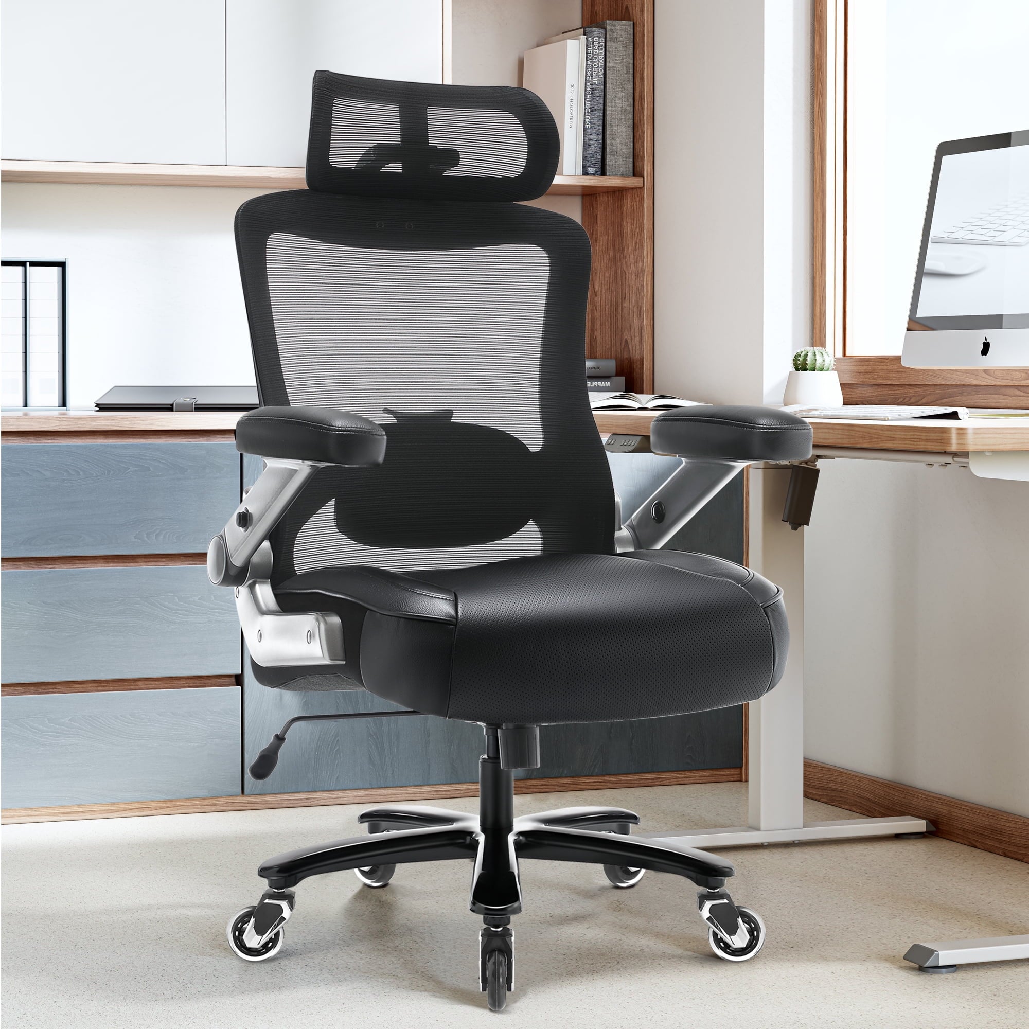 Big and Tall Office Chair 500 lbs, Ergonomic Desk Chair with 3D Flip up Arms, High Back Mesh Executive Computer Chair, Adjustable Headrest Lumbar Support, Black