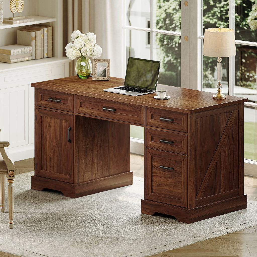 Casacomoda Home Office Desk with File Cabinet and Drawers, 59" Executive Desk with USB Power Outlet, Storage Cabinet for CPU, Workstation Table for Study, Rich Cherry