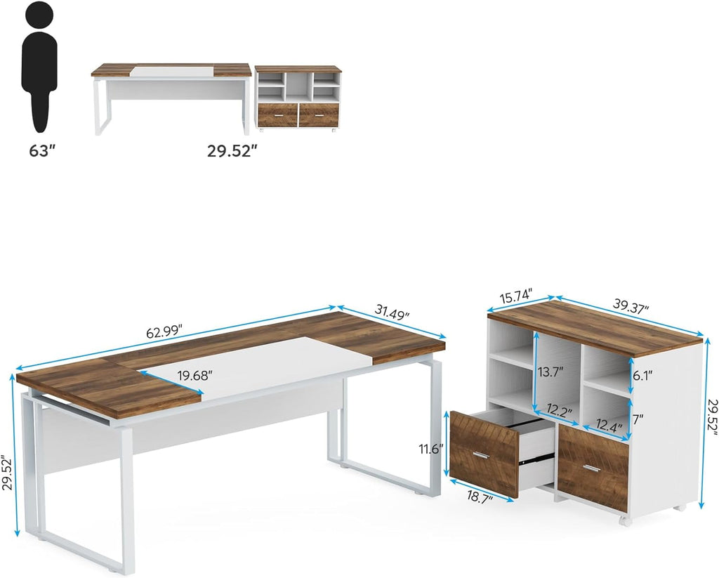 L-Shaped Executive Desk with Reversible File Cabinet, 3" Office Desk with Storage Drawers, ak Karo & White