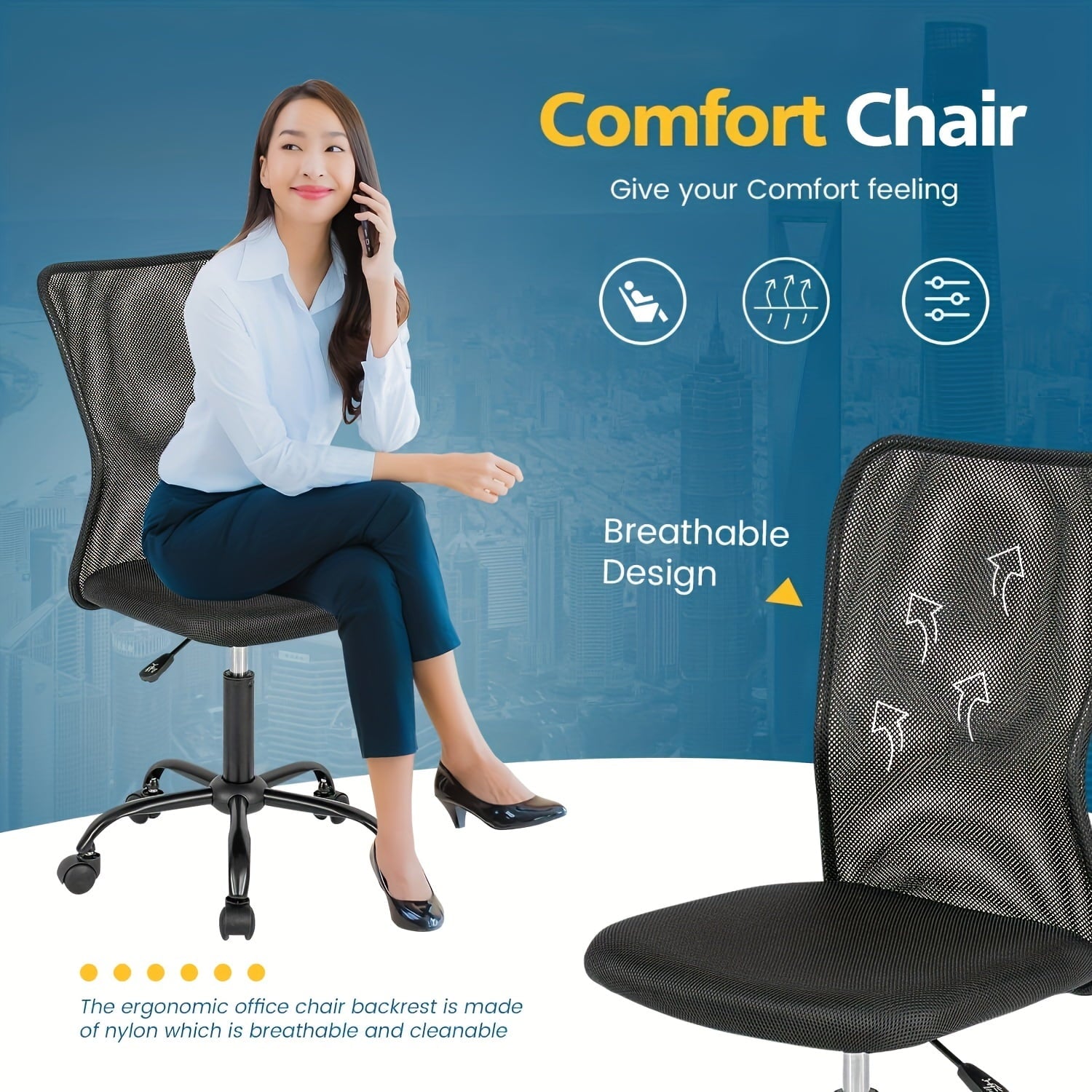 Small Chair Home Desk Chair Mesh Back Vanity Chair Ergonomic Computer Chair Height Adjustable Office Chair Swivel Task Chair No Armrest Chair Student Desk Chair for Teen, Black