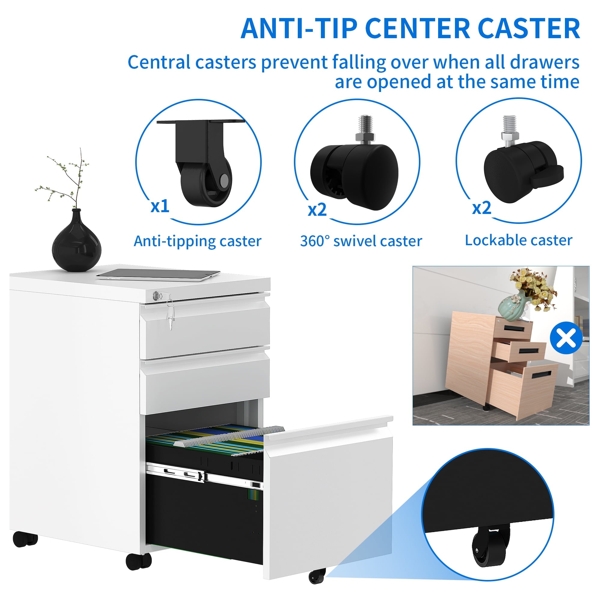 3-Drawer Lockable Steel Filing Cabinet with Keys - Includes Stationery Box, Horizontal Hanging Rod & Mobile Casters, White