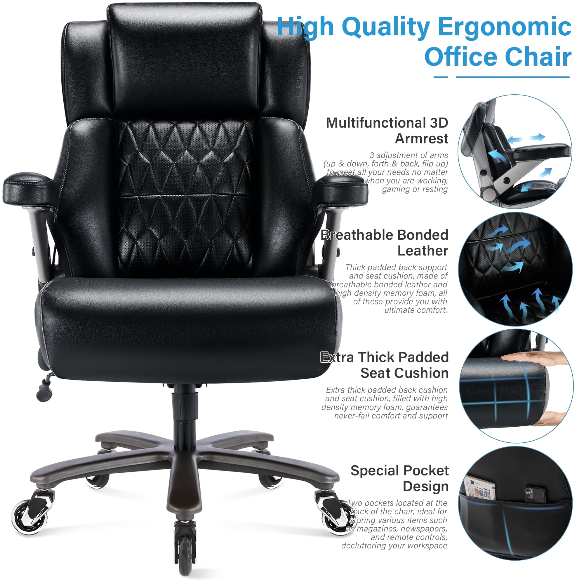 Big and Tall 700lbs Office Chair, High Back Executive Office Chair with 3D Flip up Arms, Adjustable Lumbar Support, Heavy Duty Metal Base, Home Office Computer Desk Chair, Black