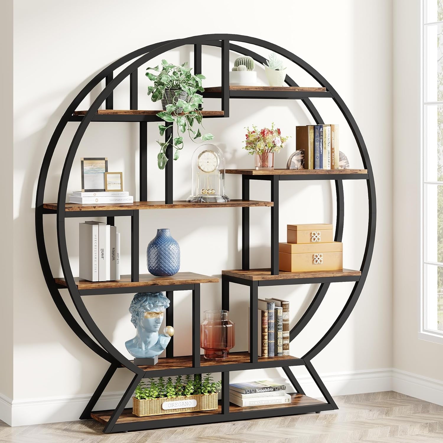 Tribesigns Bookshelf, Round Bookshelves Etagere Bookcase, 63 Inch Industrial Wood Book Shelf with Staggered Shelves, Rustic Open Shelving Organizer Rack Display Shelf for Home Office, Living Room