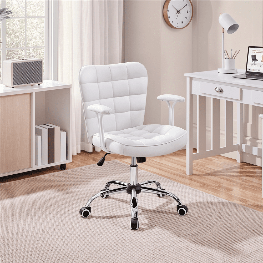 Alden Design Modern Mid-Back Faux Leather Office Chair Upholstered for Home Office, White